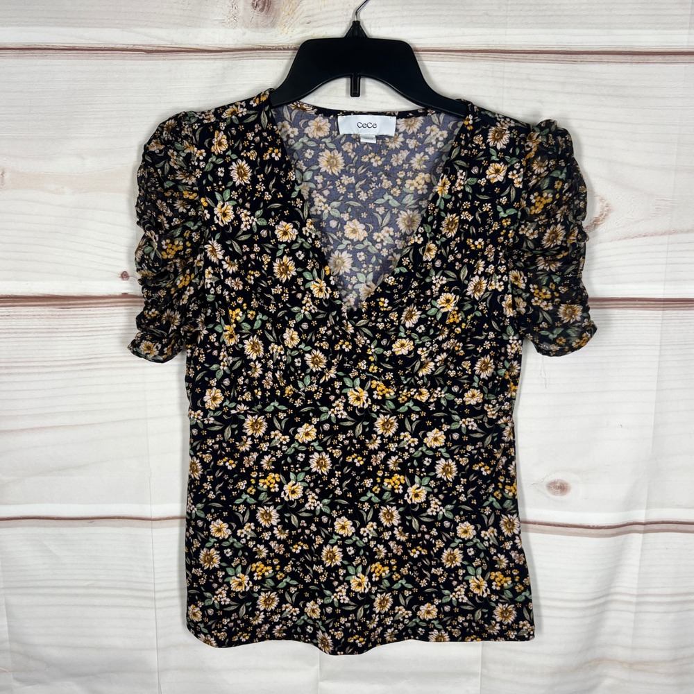 CeCe V-Neck Puff Sleeve Top Womens XS Black Floral Print‎ Blouse Knit Pullover